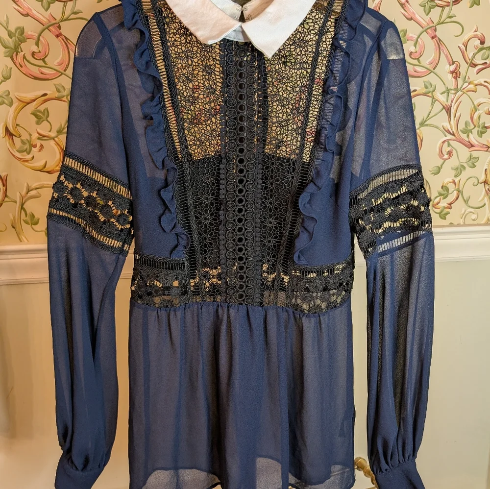 Self Portrait London Georgette And Guipure Lace Blouse Navy Size 4 - Picture 3 of 9